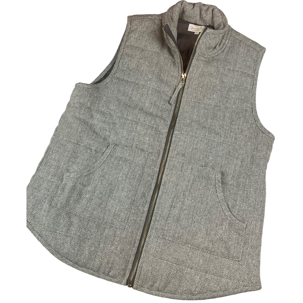 Mud Pie Womens Grey Herringbone Puffer Vest Full Zip Quilted Pockets Small